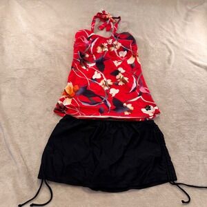Hapari Red Floral Halter Tankini Top & Black Side Cinch Swim Skirt Set Sz 8-10 M